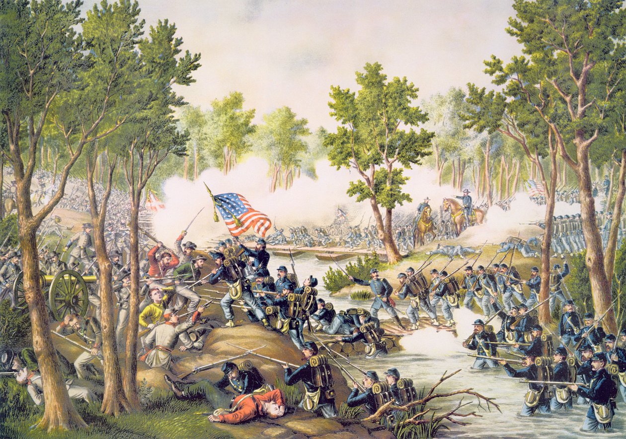 Schlacht von Spottsylvania, Mai 1864, graviert von Kurz & Allison von American School
