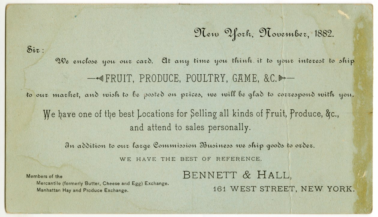 Bennett & Hall Handelskarte, verso, 1882 von American School