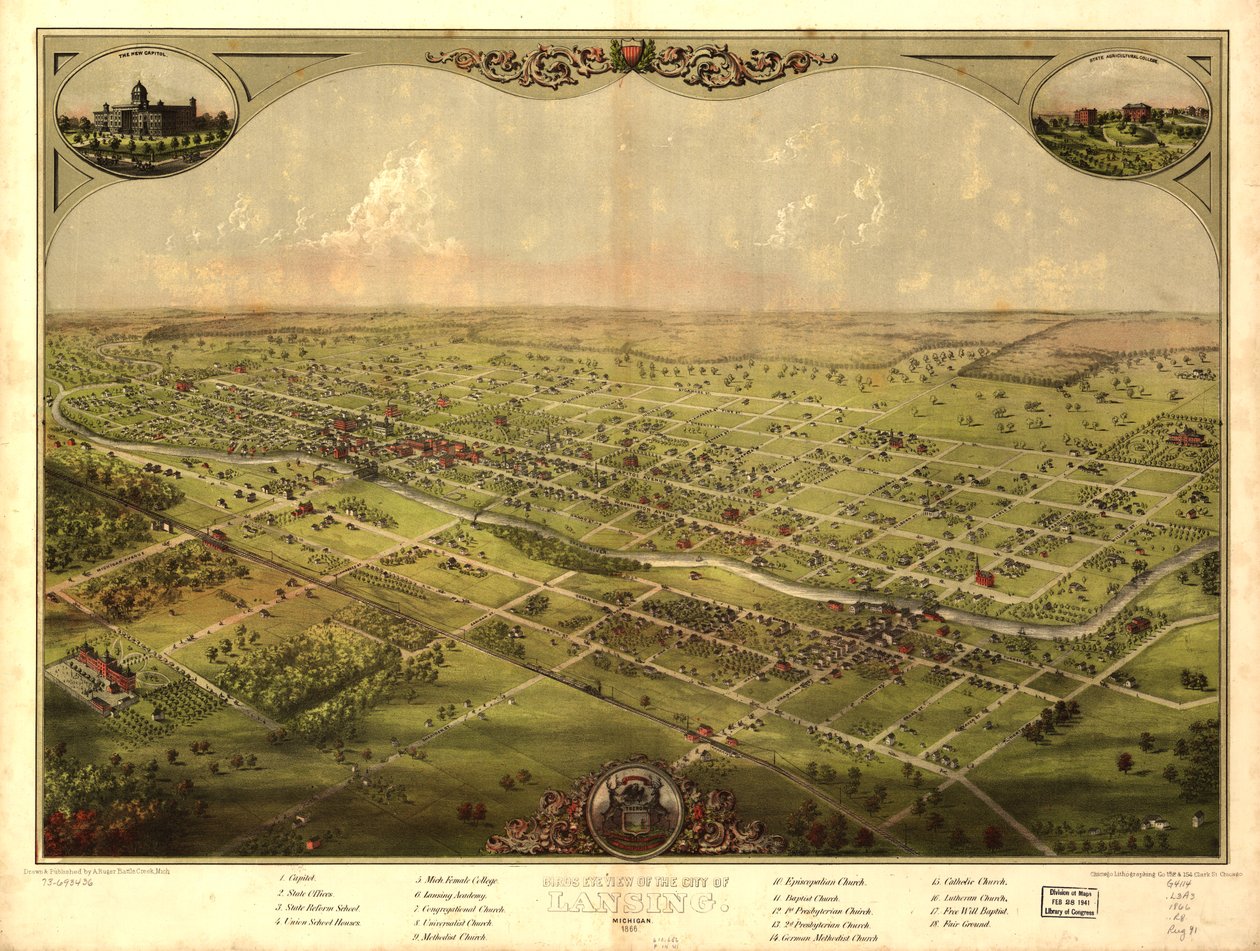 Vogelperspektive der Stadt Lansing, Michigan 1866 (Farblithografie) von American School