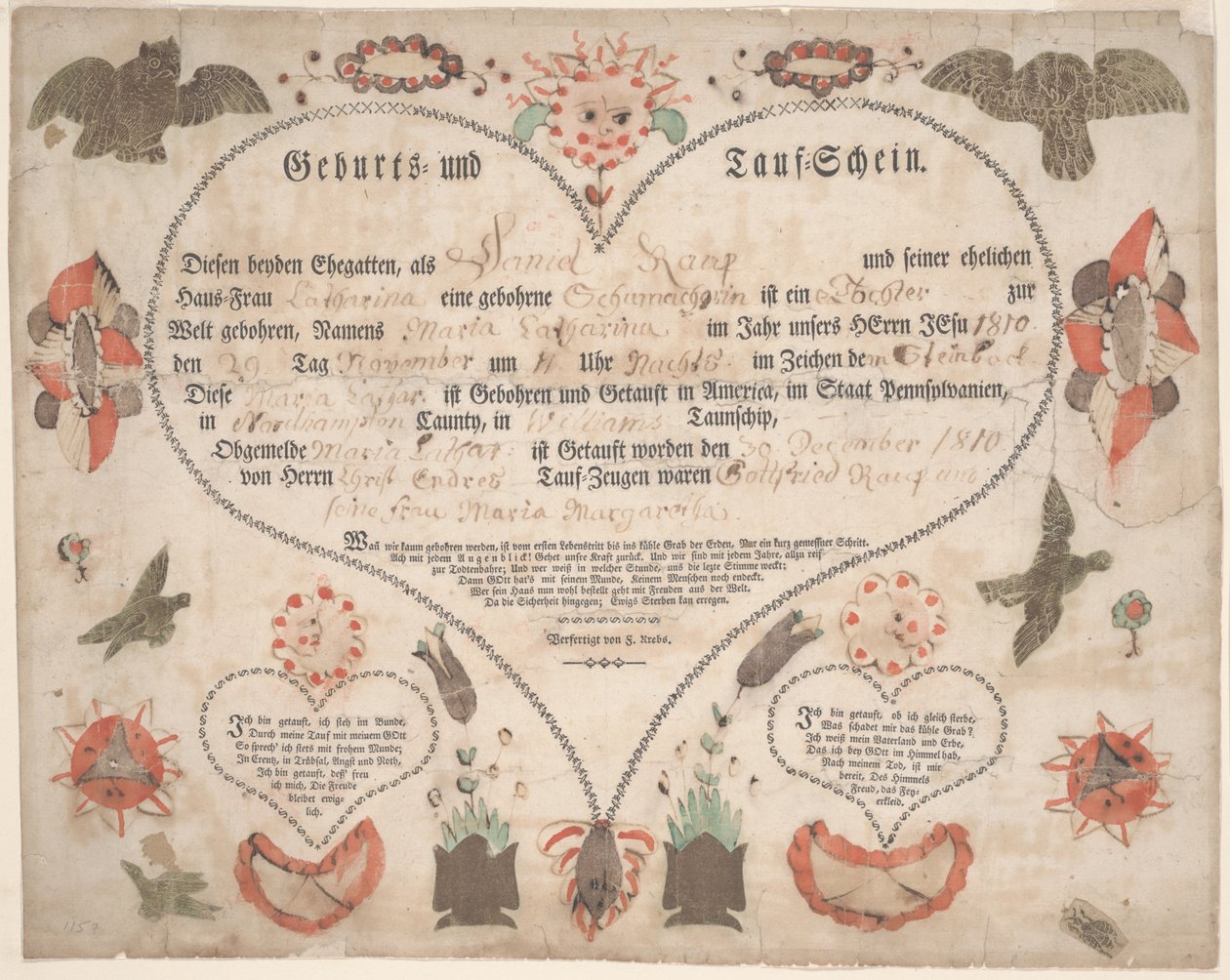 Geburts- und Taufschein für Maria Catharina Raup ca. 1806 von American School