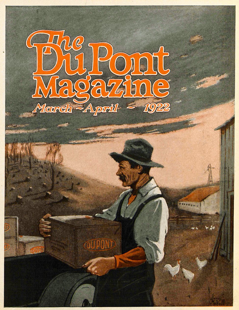 Bohrmaschinen und Sprengstoffe - Zwillingshelfer, Titelseite des DuPont Magazins, März-April 1922 von American School