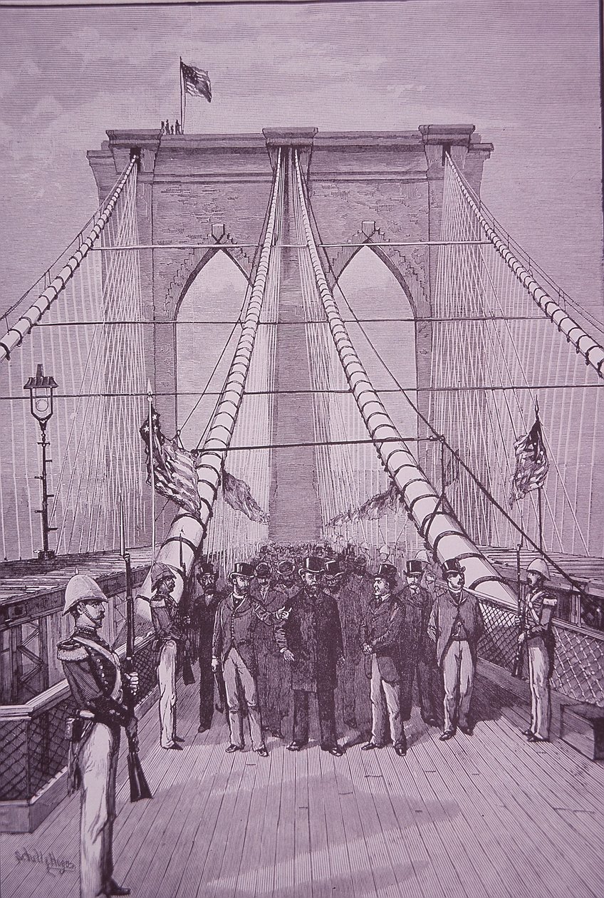 Brooklyn Bridge, Präsident Arthur bei der Eröffnungszeremonie, 24. Mai 1883 (Stich) von American School