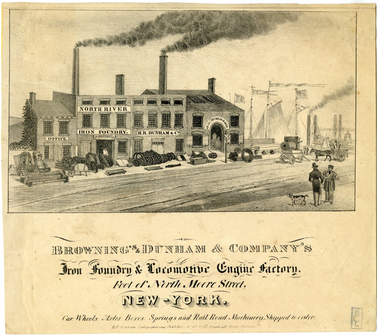 Brownings & Dunham & Companys Eisenhütte & Lokomotivfabrik, Fuß der North Moore Street, New-York von American School