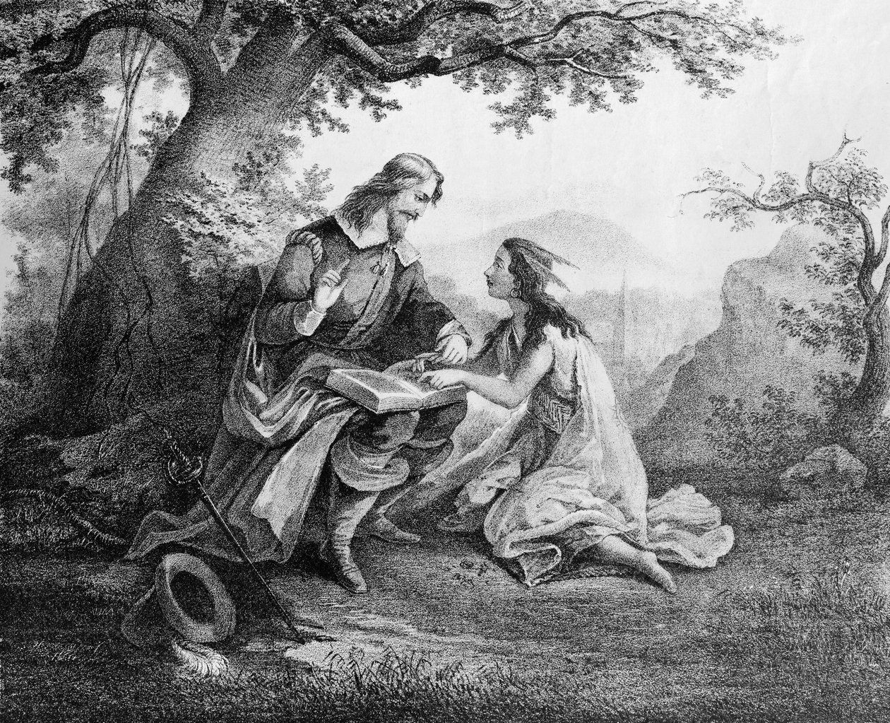 Captain John Smith (1580-1631) lehrt Pocahontas (ca.1595-1617) lesen von American School