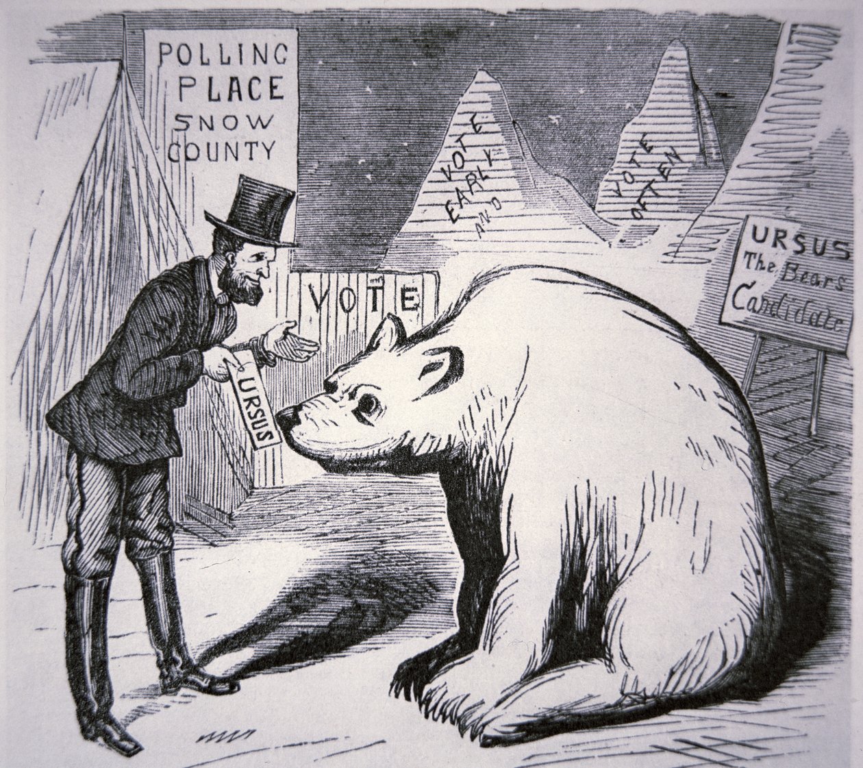 Karikatur eines amerikanischen Politikers, der versucht, Wähler im unbewohnten Alaska zu finden von American School