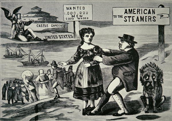 Karikatur, die John Bull zeigt, wie er versucht, den zunehmenden Strom von Arbeitern in die USA zu stoppen, um 1850 von American School