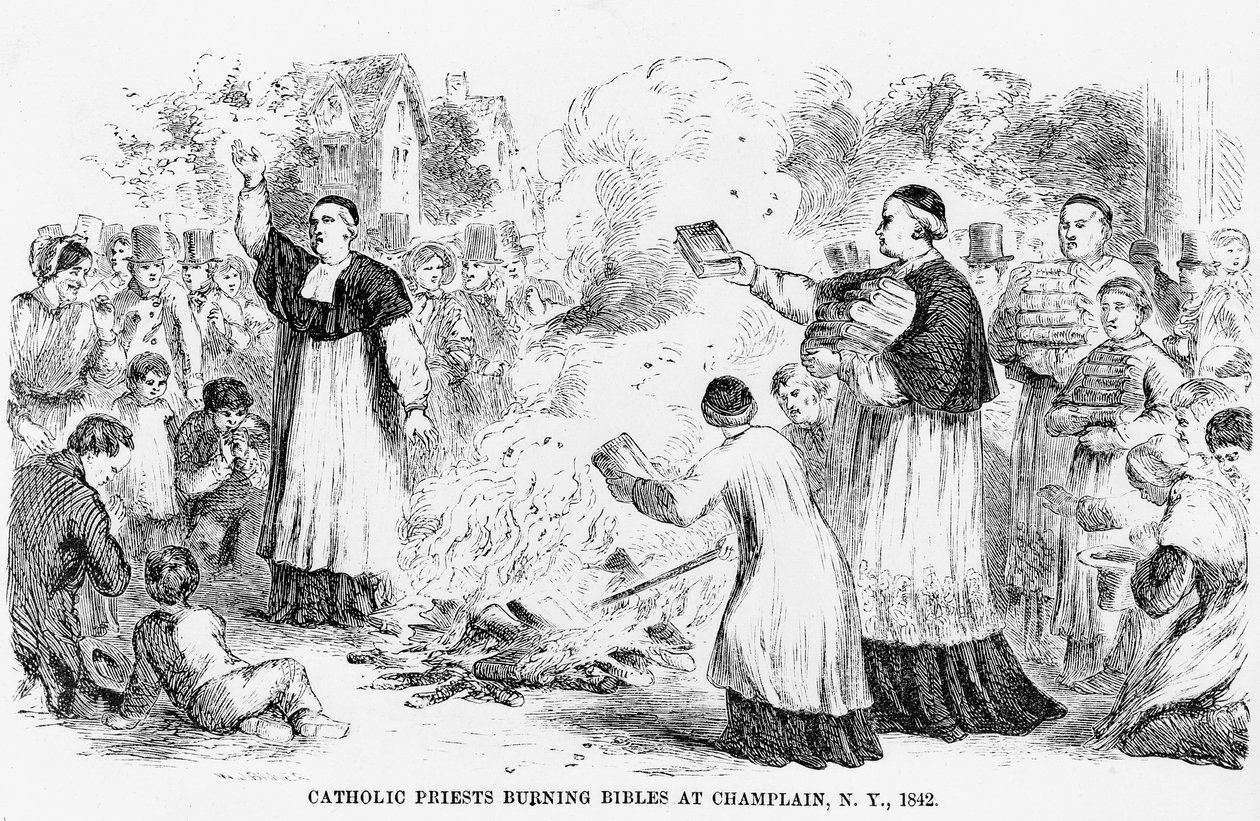 Katholische Priester verbrennen Bibeln in Champlain, New York, Illustration aus einem anti-katholischen Pamphlet, 1842 von American School