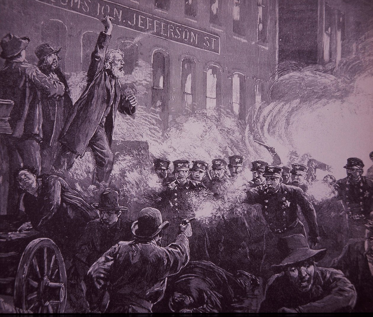 Chicago Haymarket-Arbeiteraufstand von 1886, Stich veröffentlicht in Harper