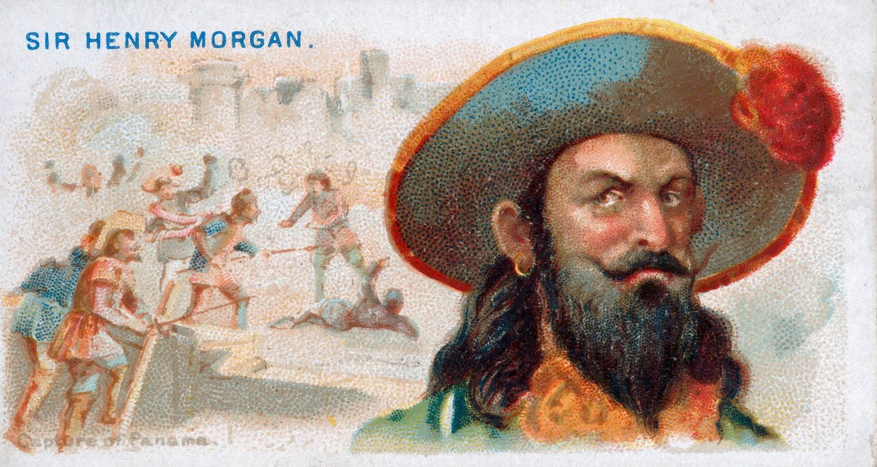 Zigarettenkarte Sir Henry Morgan, Eroberung von Panama, veröffentlicht 1888, Farblithographie von American School