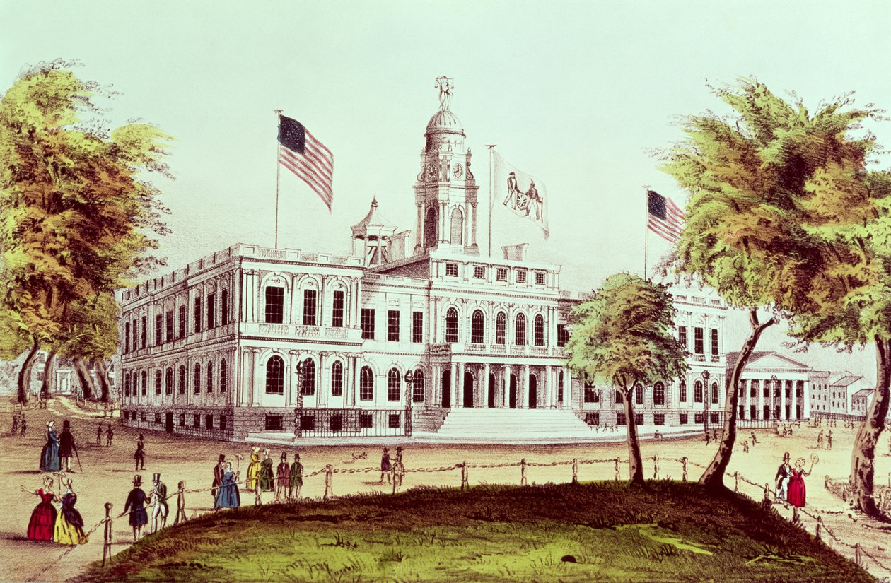 Rathaus, New York, graviert von Nathaniel Currier von American School