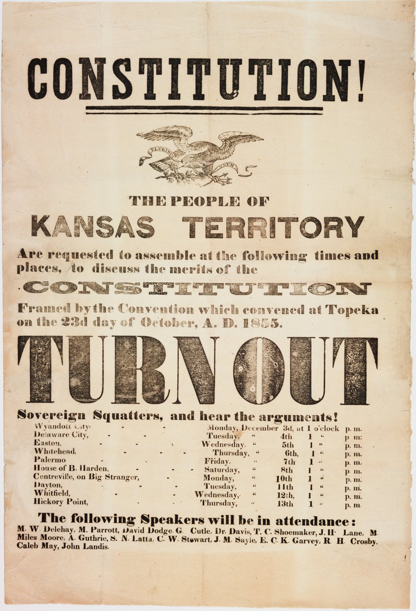 Verfassung! Die Menschen des Kansas-Territoriums werden gebeten, sich zu versammeln..., gedruckt von E. C. K. Garvey & Co., ca. 23. Oktober 1855 von American School