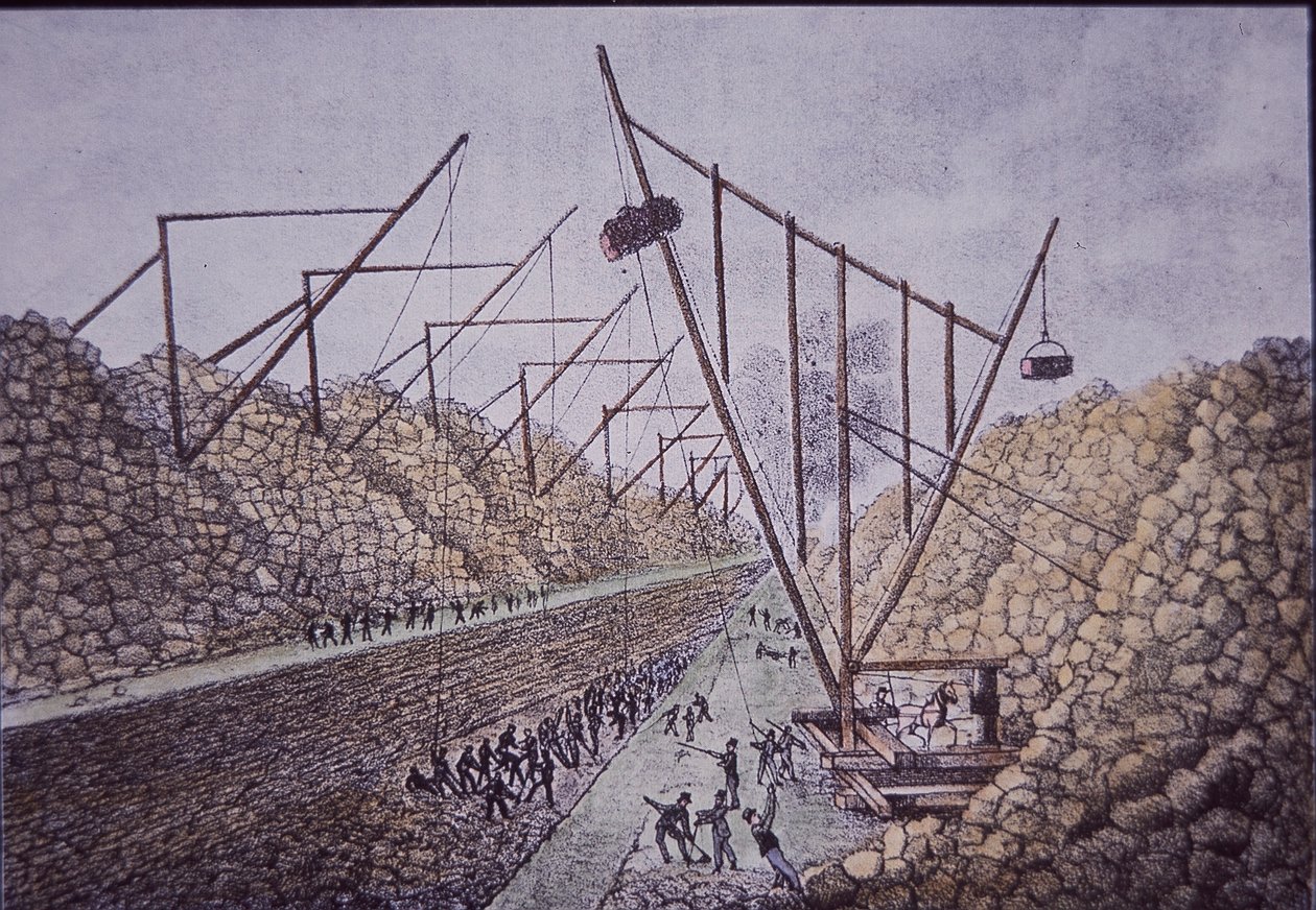Baukräne in der Nähe von Lockport, Erie-Kanal (farbiger Stich) von American School