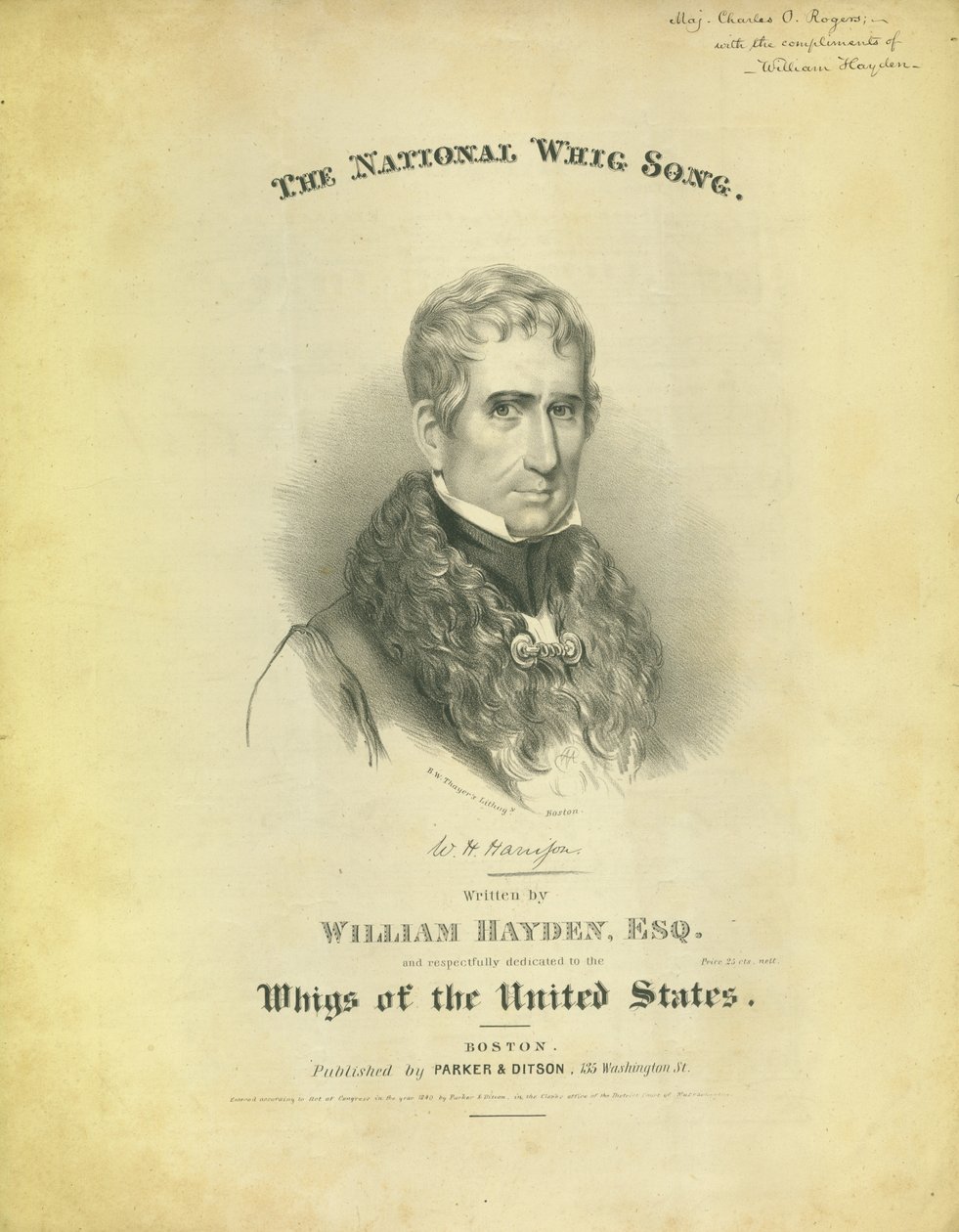 Umschlag des Blattes The National Whig Song, von William Hayden, veröffentlicht von Parker & Diston, Boston, 1840 von American School