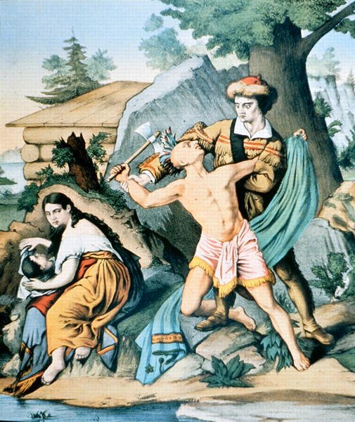 Daniel Boone (1734-1820) verteidigt seine Familie gegen einen Indianerangriff von American School