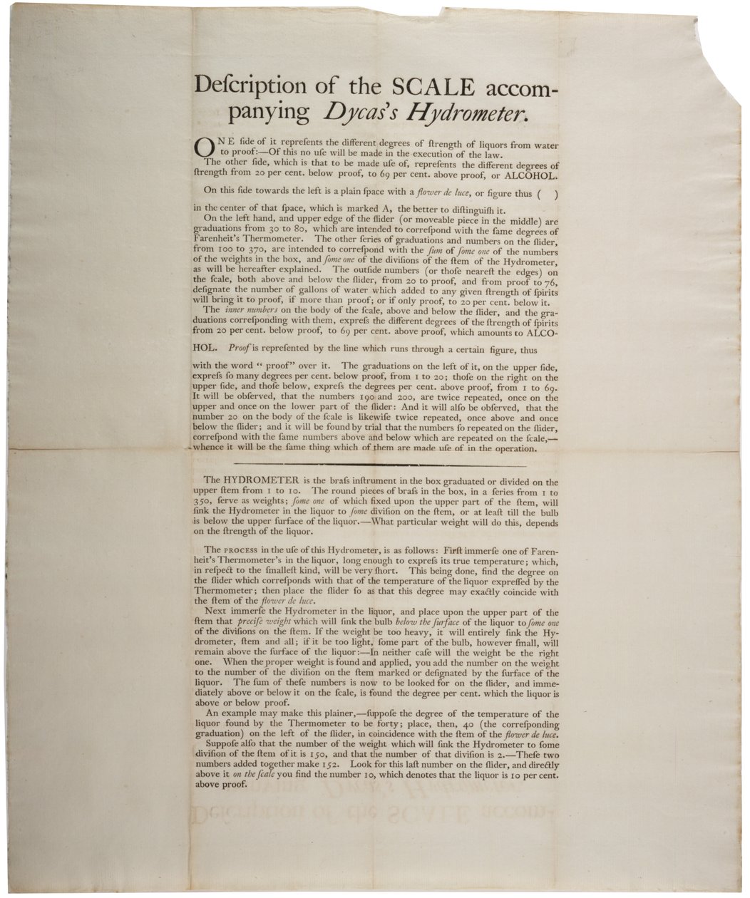 Beschreibung der Skala des beigefügten Dycass-Hydrometers, 1790 von American School