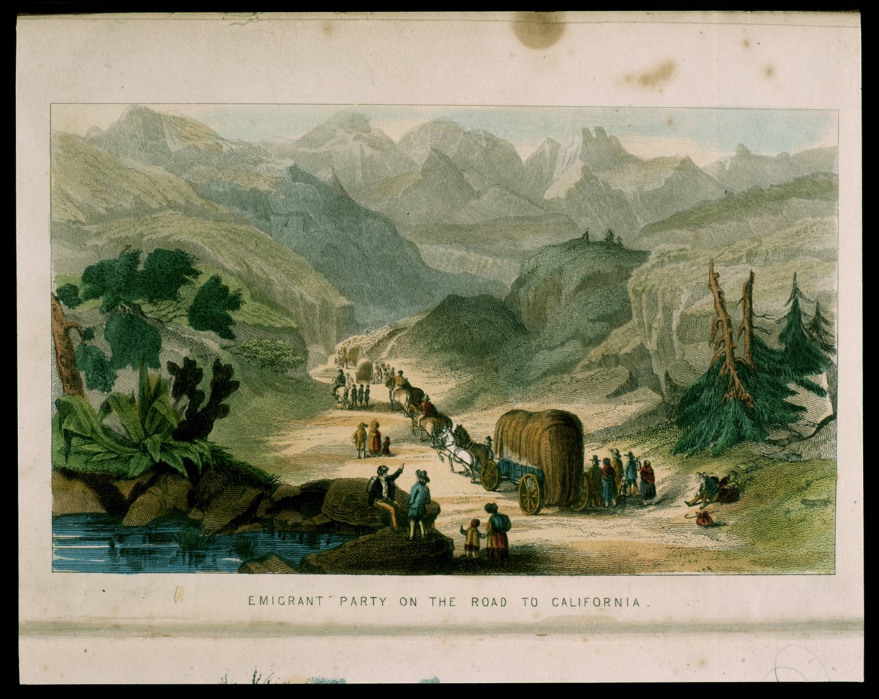 Auswanderergruppe auf dem Weg nach Kalifornien im Jahr 1596, Illustration aus California, its past history, its present position, its future prospects von G.A. Fleming, 1850 von American School