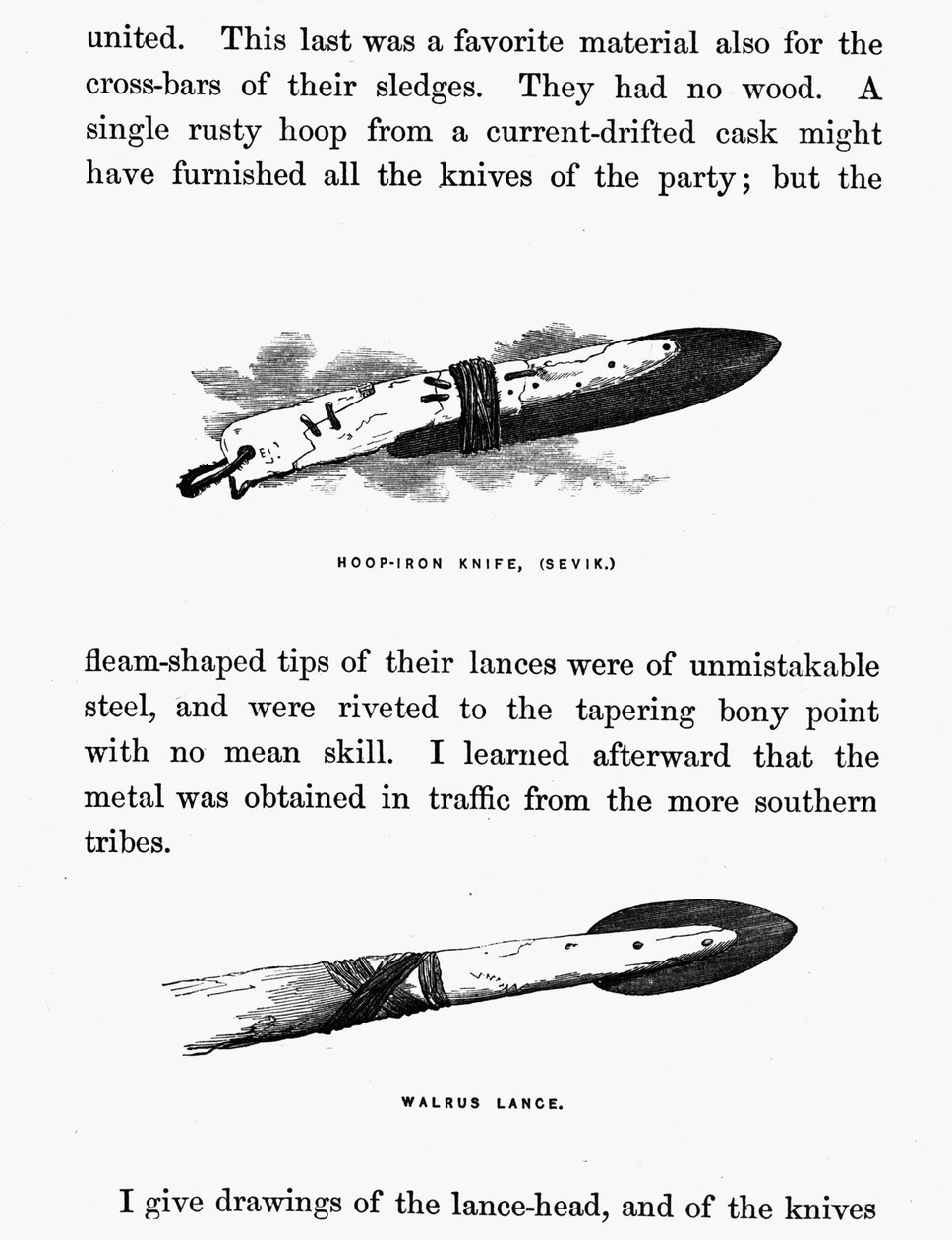 Eskimo-Messer und Speer - Elisha Kent Kane, Arktische Erkundungen in den Jahren 1853-1855, Bd. 1, S. 206, Philadelphia von American School