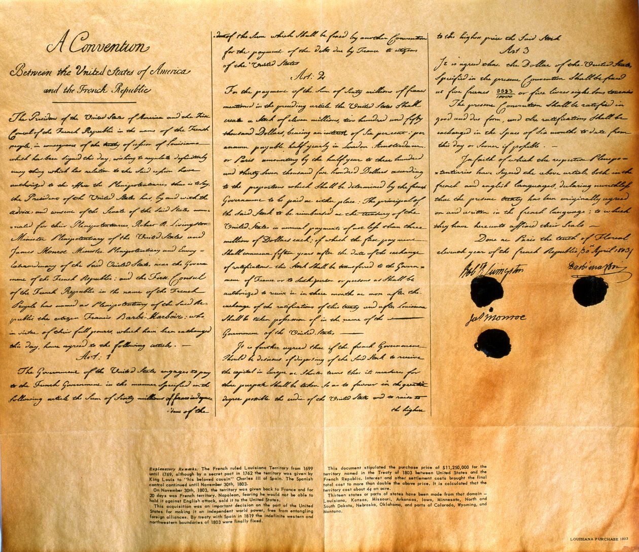 Faksimile der Konvention zum Kauf von Louisiana durch die Vereinigten Staaten, 30. April 1803 von American School