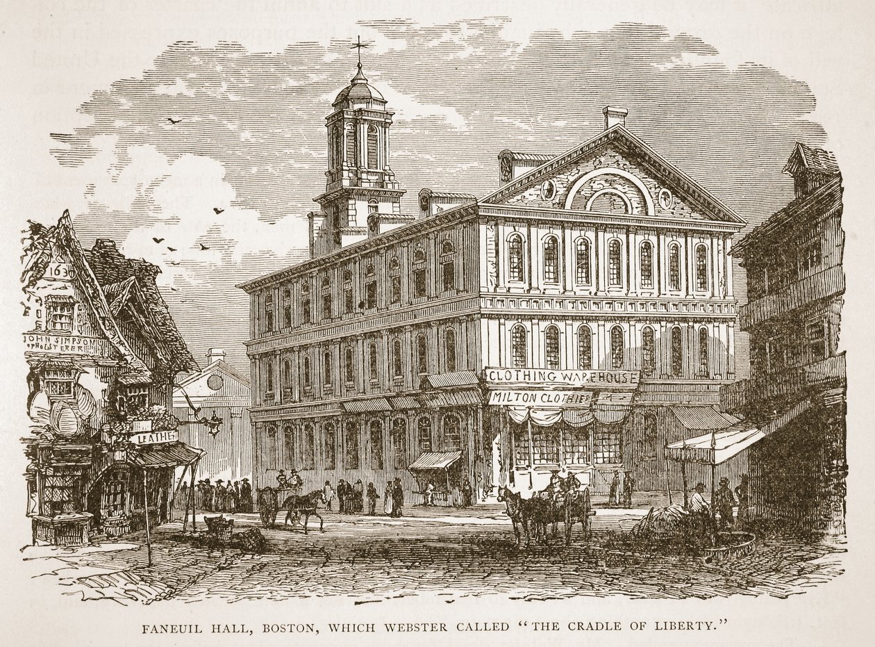 Faneuil Hall, Boston, das Webster die Wiege der Freiheit nannte, aus einem Buch veröffentlicht 1896 von American School