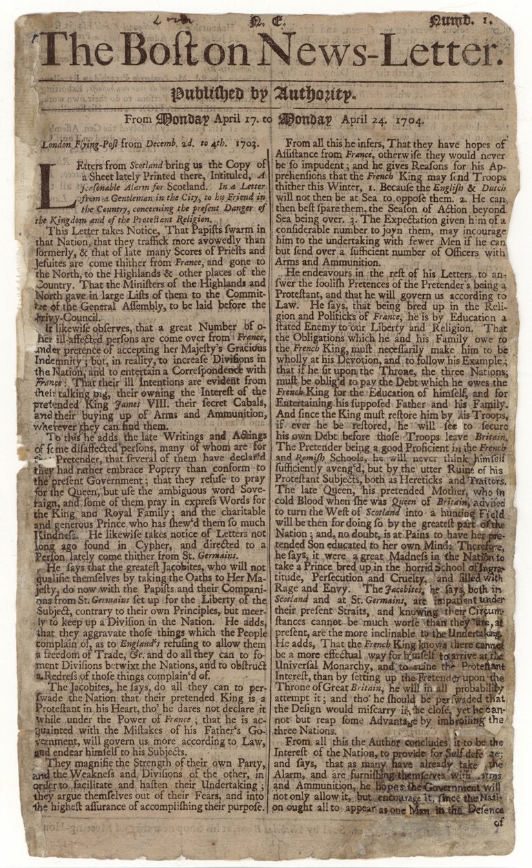 Erste Ausgabe des Boston News-Letter, 1704 von American School