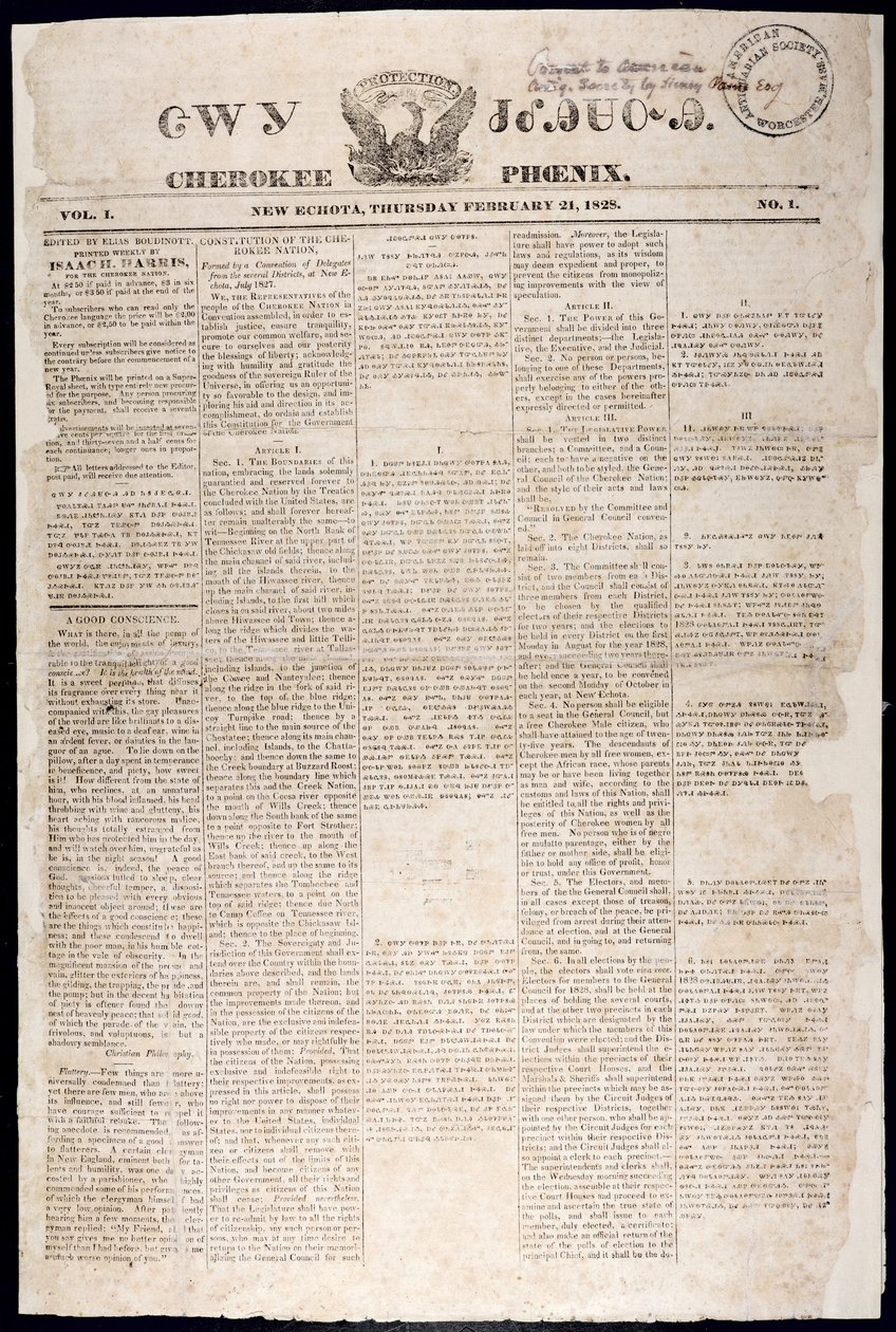 Titelseite der Cherokee Phoenix, 21. Februar 1828 von American School
