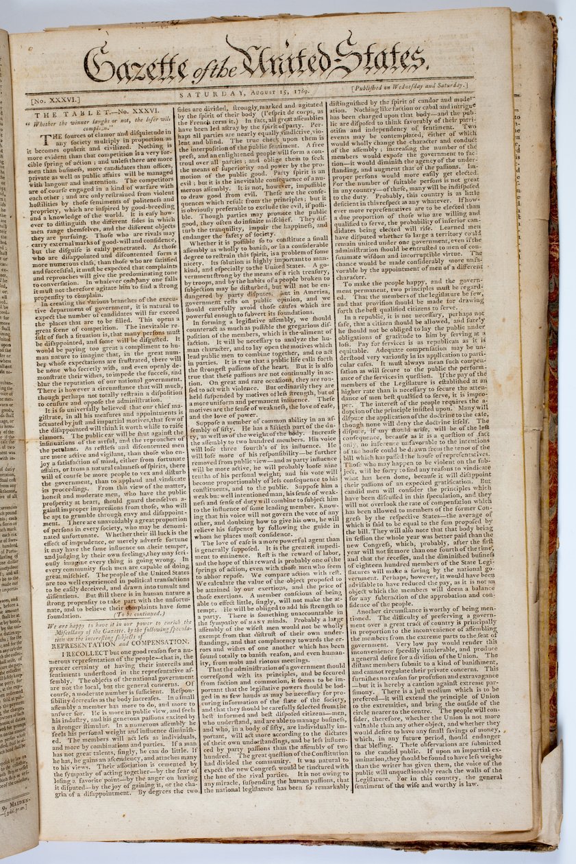 Titelseite der Gazette of the United States, 15. April 1789 von American School