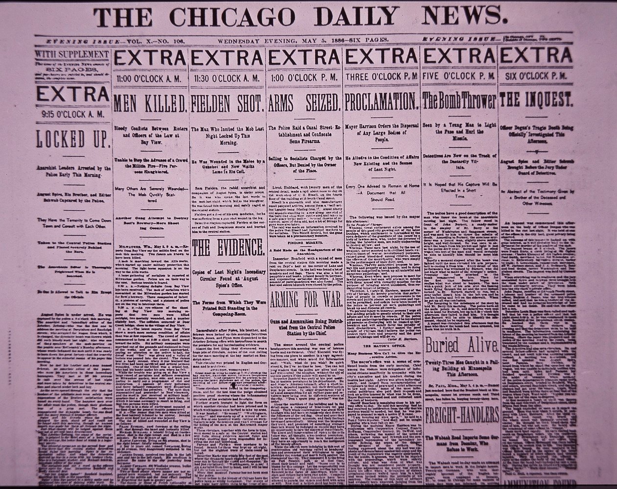 Titelseite der Chicago Daily News berichtet über den Chicago Haymarket-Arbeiteraufstand, 5. Mai 1886 von American School