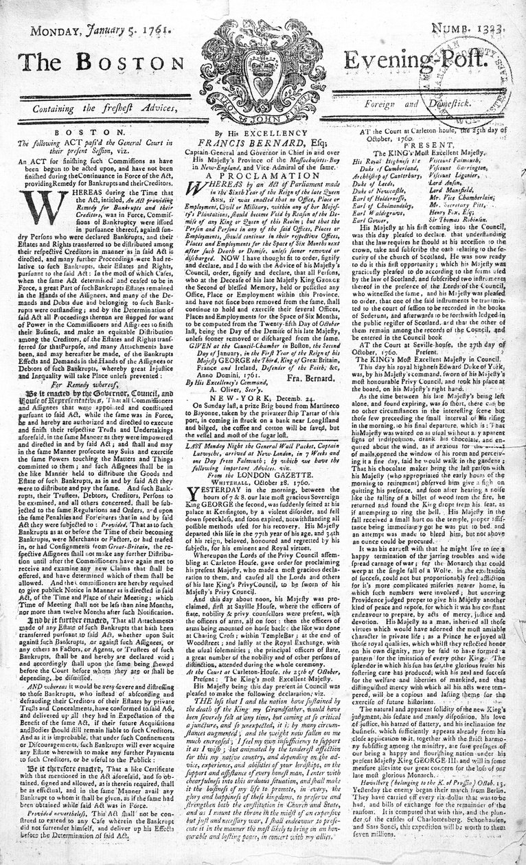 Titelseite der Boston Evening Post, die den Tod von König George II. (1683-1760) ankündigt, 5. Januar 1761 von American School