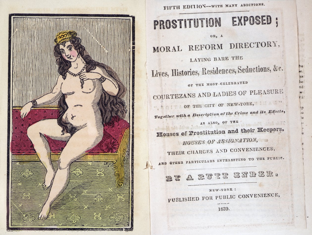 Frontispiz und Titelseite zu Prostitution Exposed von A. Butt Ender, veröffentlicht in New York 1839 von American School