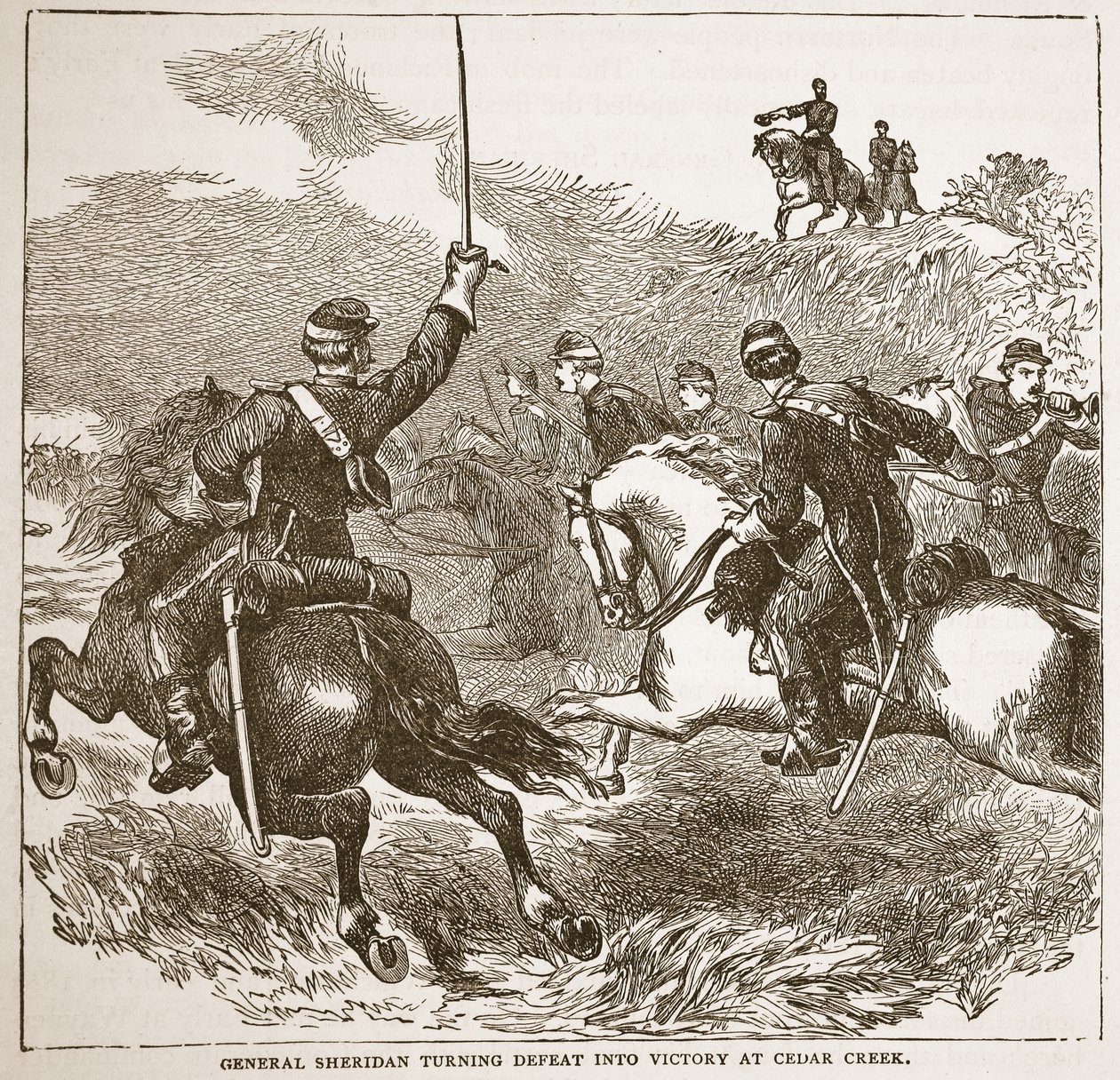 General Sheridan verwandelt Niederlage in Sieg bei Cedar Creek, aus einem Buch veröffentlicht 1896 von American School