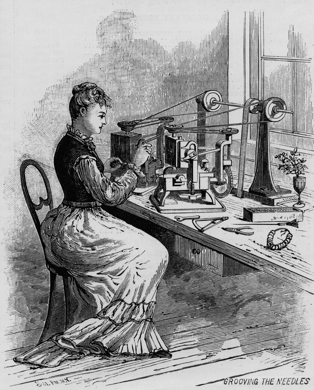 Rillen der Nadeln, Illustration zur Nähmaschinenherstellung aus der Zeitschrift Scientific American, 1879 von American School