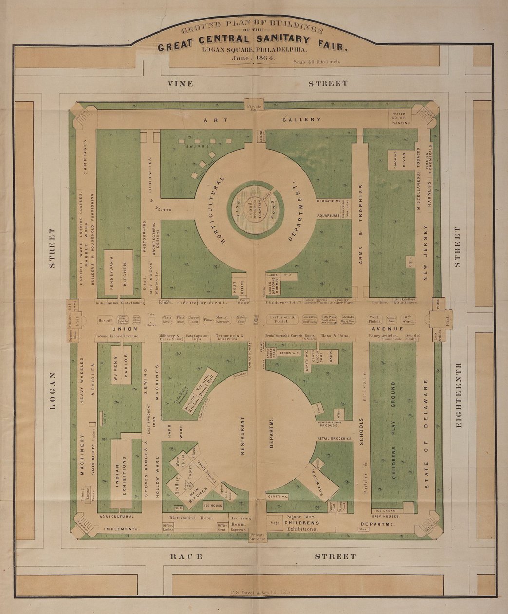 Grundriss der Gebäude der Great Central Sanitary Fair, Logan Square, Juni 1864 (Farblithographie) von American School