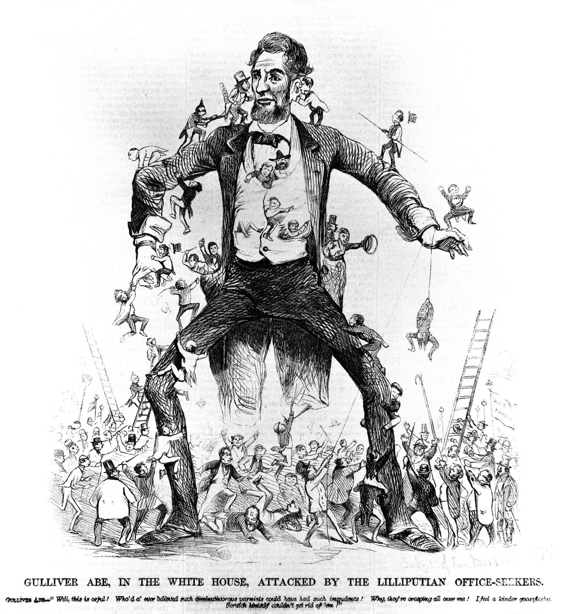 Gulliver Abe im Weißen Haus, angegriffen von den Lilliputanischen Amtssuchern, aus Frank Leslies Budget of Fun, 15. März 1861 von American School