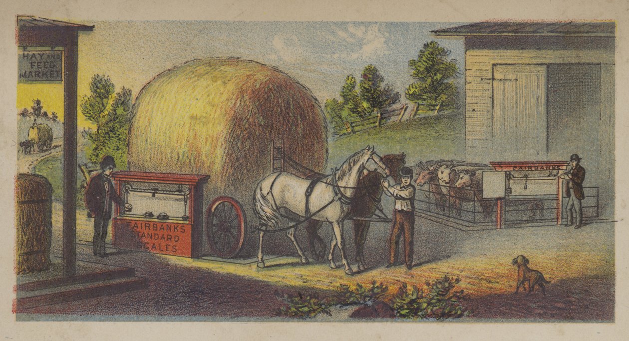 Heu wird auf Fairbanks Standardwaagen gewogen (Chromolithographie) von American School