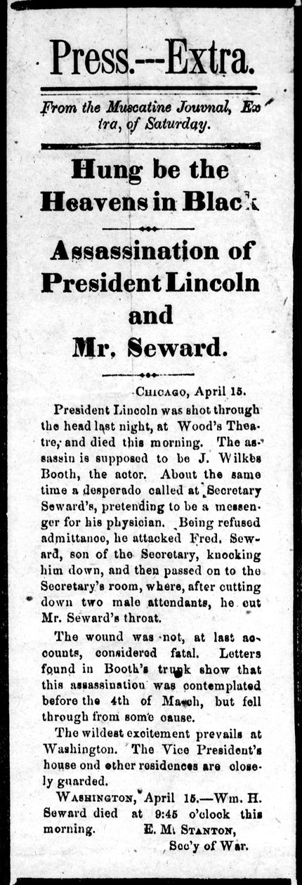 Schlagzeile zur Ermordung von Abraham Lincoln (1809-65) und dem versuchten Mord an William Seward (1801-72) aus Press Extra, 15. April 1865 von American School