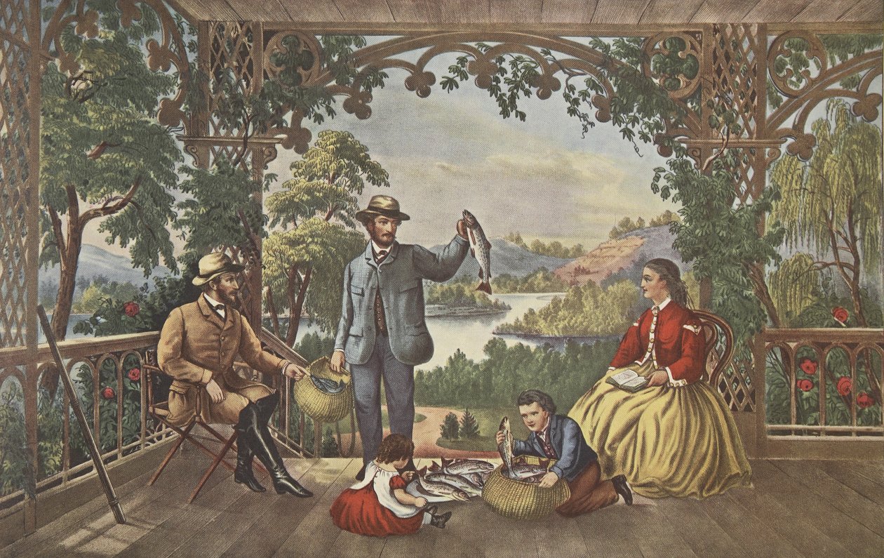Heimkehr vom Bach, Der glückliche Fischer, veröffentlicht 1867, Currier & Ives von American School