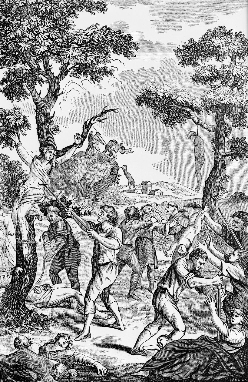 Illustration aus einem anti-katholischen Pamphlet, die zeigt, wie Frauen und Kinder ermordet werden von American School