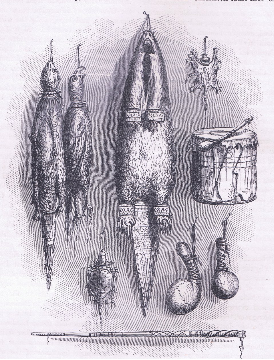 Indianischer Medizinbeutel, Geheimnispfeife, Schlachten und Trommel 1661, Illustration aus Cassell