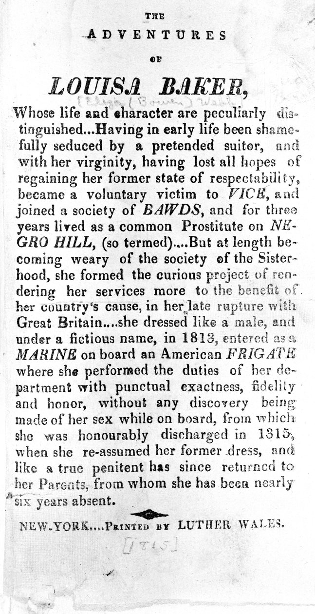 Einführungsseite zu The Adventures of Louisa Baker, gedruckt von Luther Wales, New York, 1815 von American School