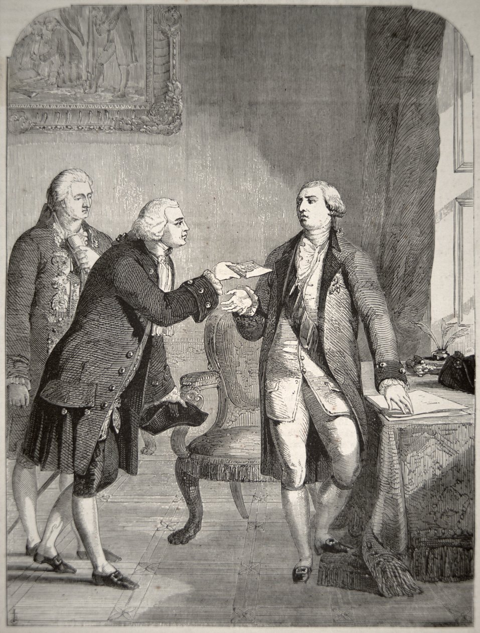 John Adams (1735-1826) als erster amerikanischer Botschafter am englischen Hof, überreicht seine Beglaubigungsschreiben an König George III (1738-1820) von American School