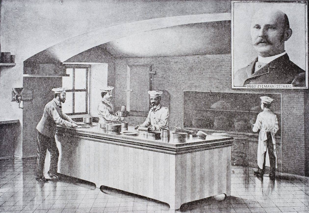 Küche des Weißen Hauses in den 1890er Jahren, mit Porträt von Hugo Ziemann von American School