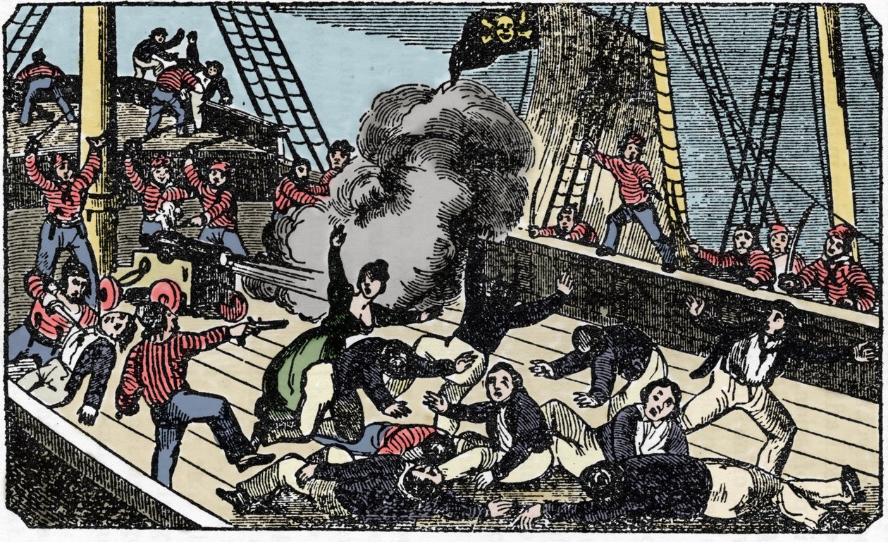 Der Tod des Piraten-Gentleman Jean Lafitte (1780-1826), Gravur aus „The pirate own book“ 1837 von American School