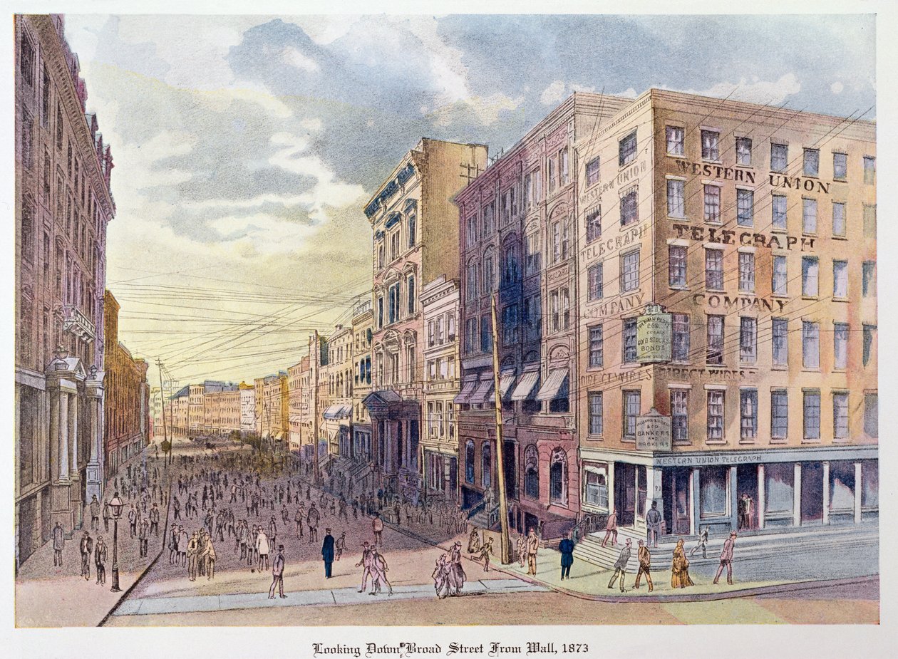 Blick auf die Broad Street von der Wall Street im Jahr 1873, Illustration aus Old New York, gestern und heute von Henry Collins Brown, 1922 von American School