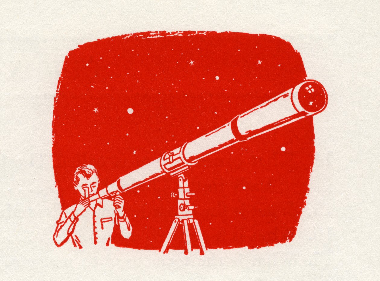 Mann mit Teleskop, der die Sterne beobachtet von American School