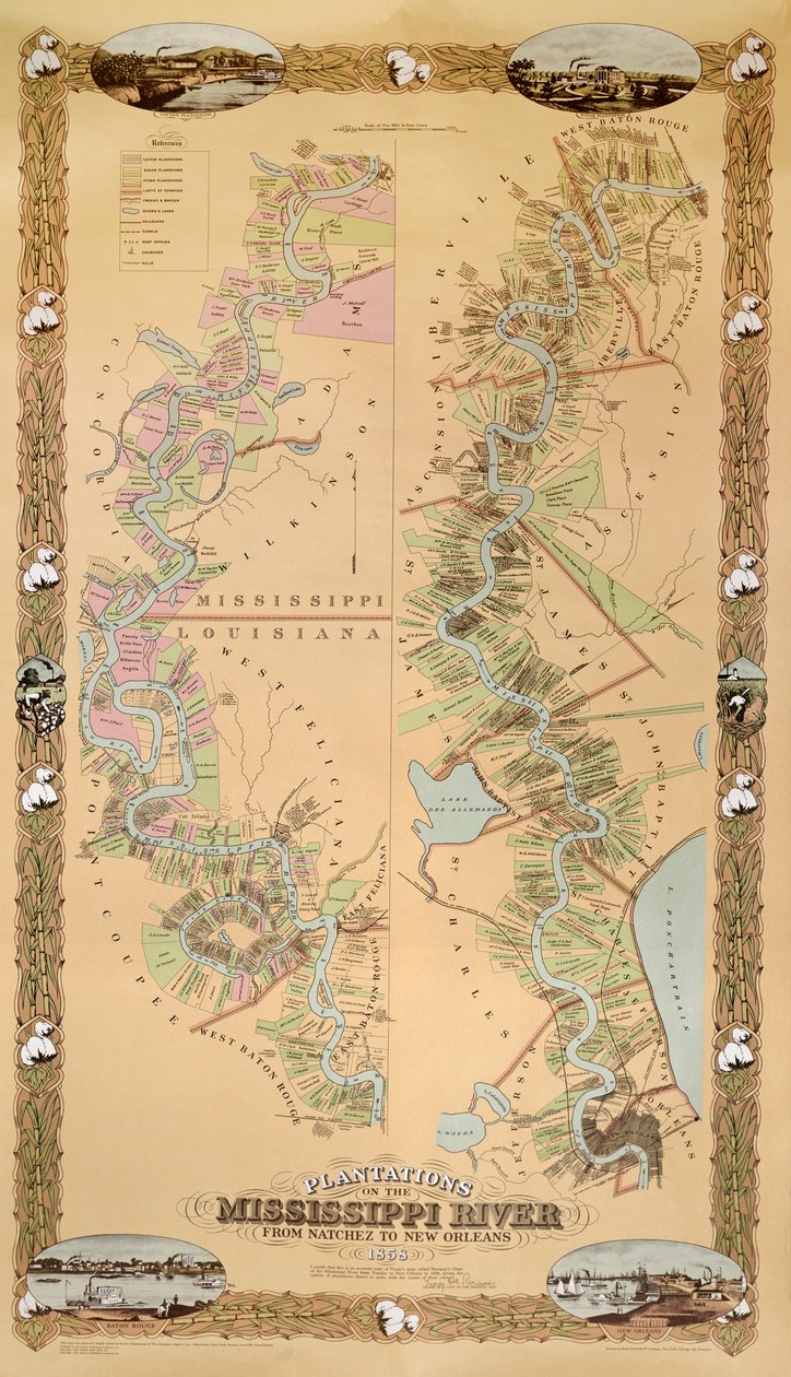 Karte der Plantagen am Mississippi von Natchez bis New Orleans, 1858 von American School