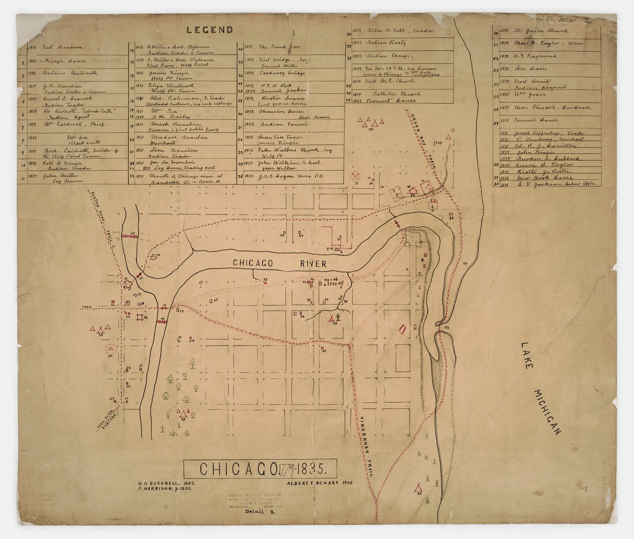 Karte historischer Häuser und Stätten in Chicago, Illinois, ca. 1835 von American School