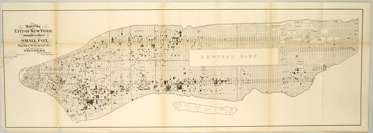 Karte der Stadt New York mit den Pockenfällen vom 1. Mai 1874 bis 30. April 1875 von American School
