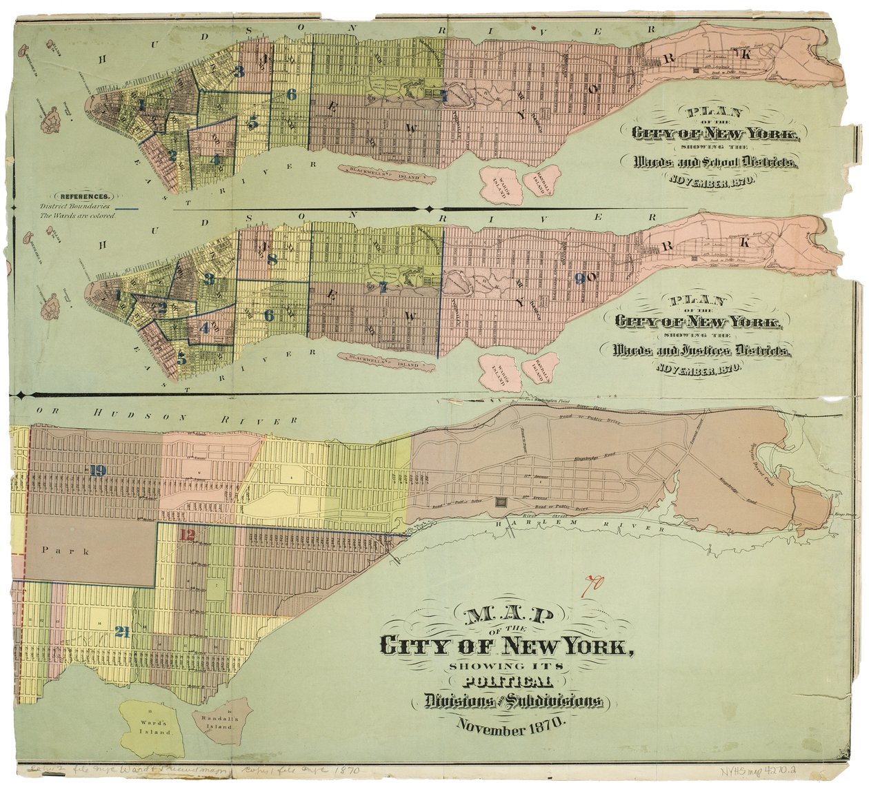 Karte der Stadt New York, die ihre politischen Abteilungen und Unterabteilungen zeigt von American School