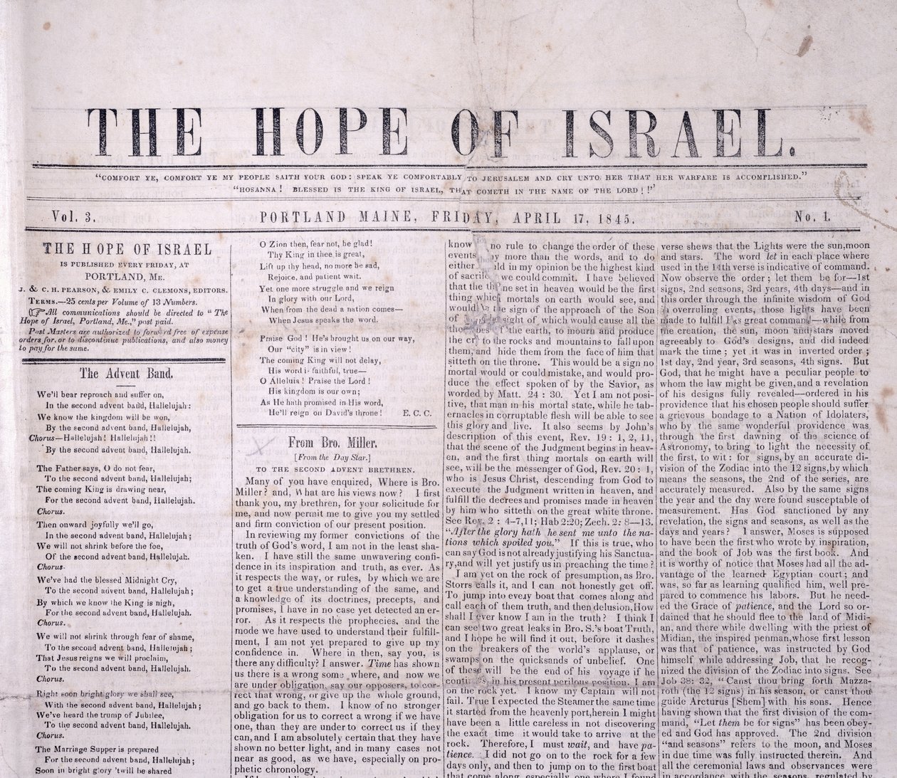 Kopfzeile von The Hope of Israel, gedruckt Portland, Maine 17. April 1845 von American School