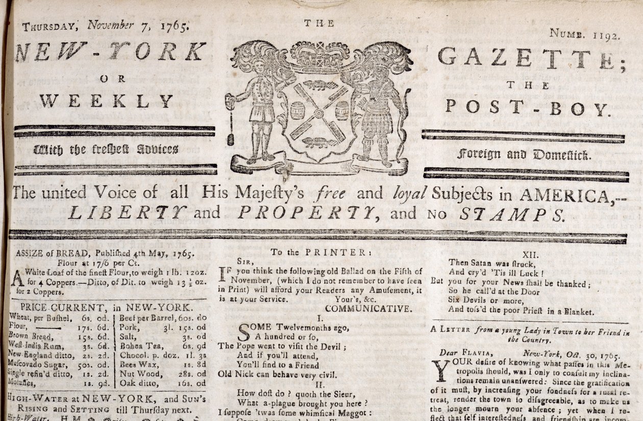 Kopfzeile der New York Gazette, die ihre Opposition zu den Stempeln erklärt, gedruckt am 7. November 1765 von American School